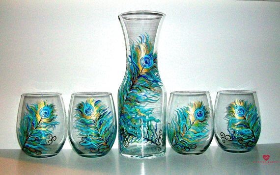 Peacock-Stemless-Wine-Glasses-and-Carafe